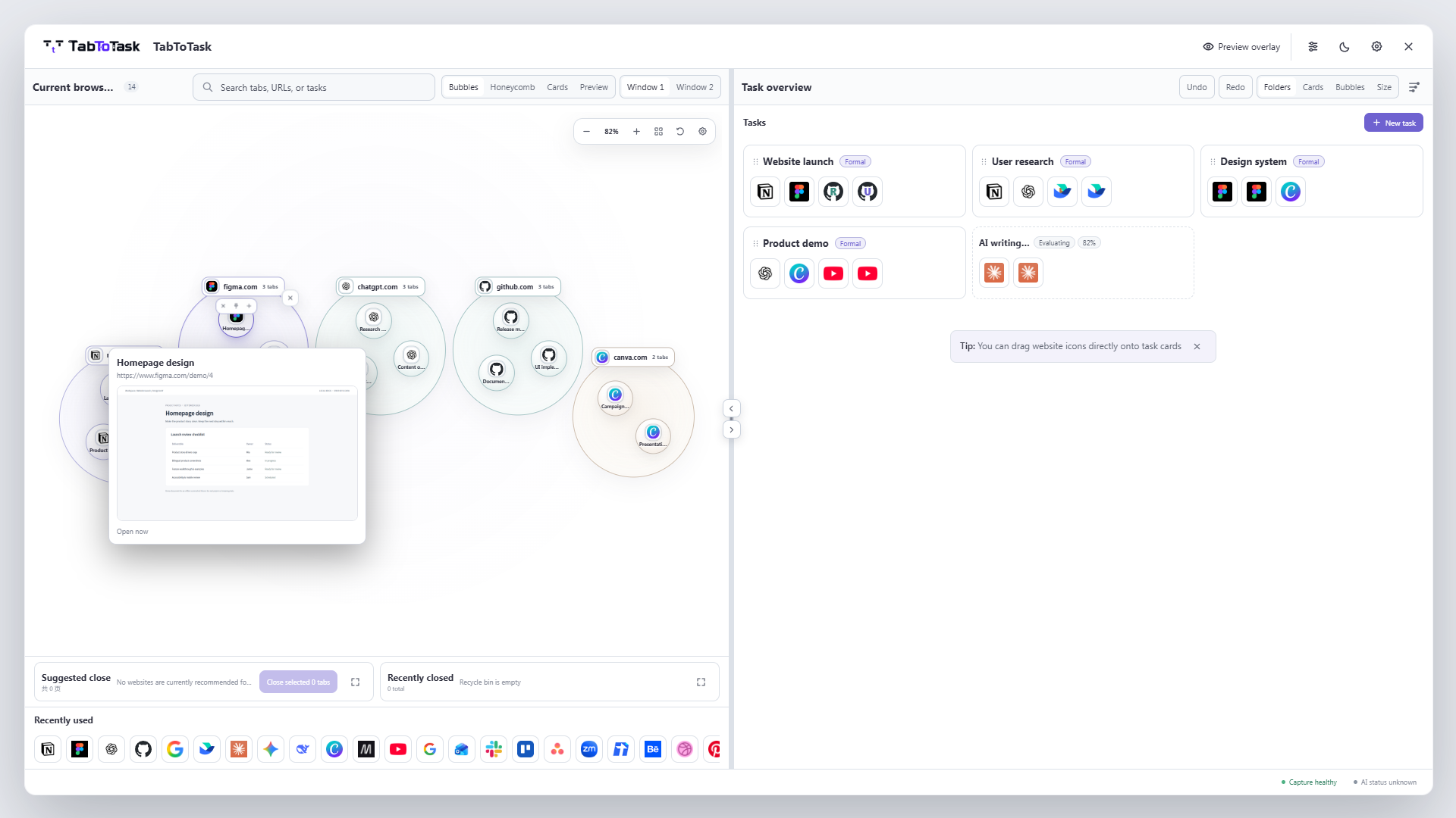 Browser tabs organized into task cards