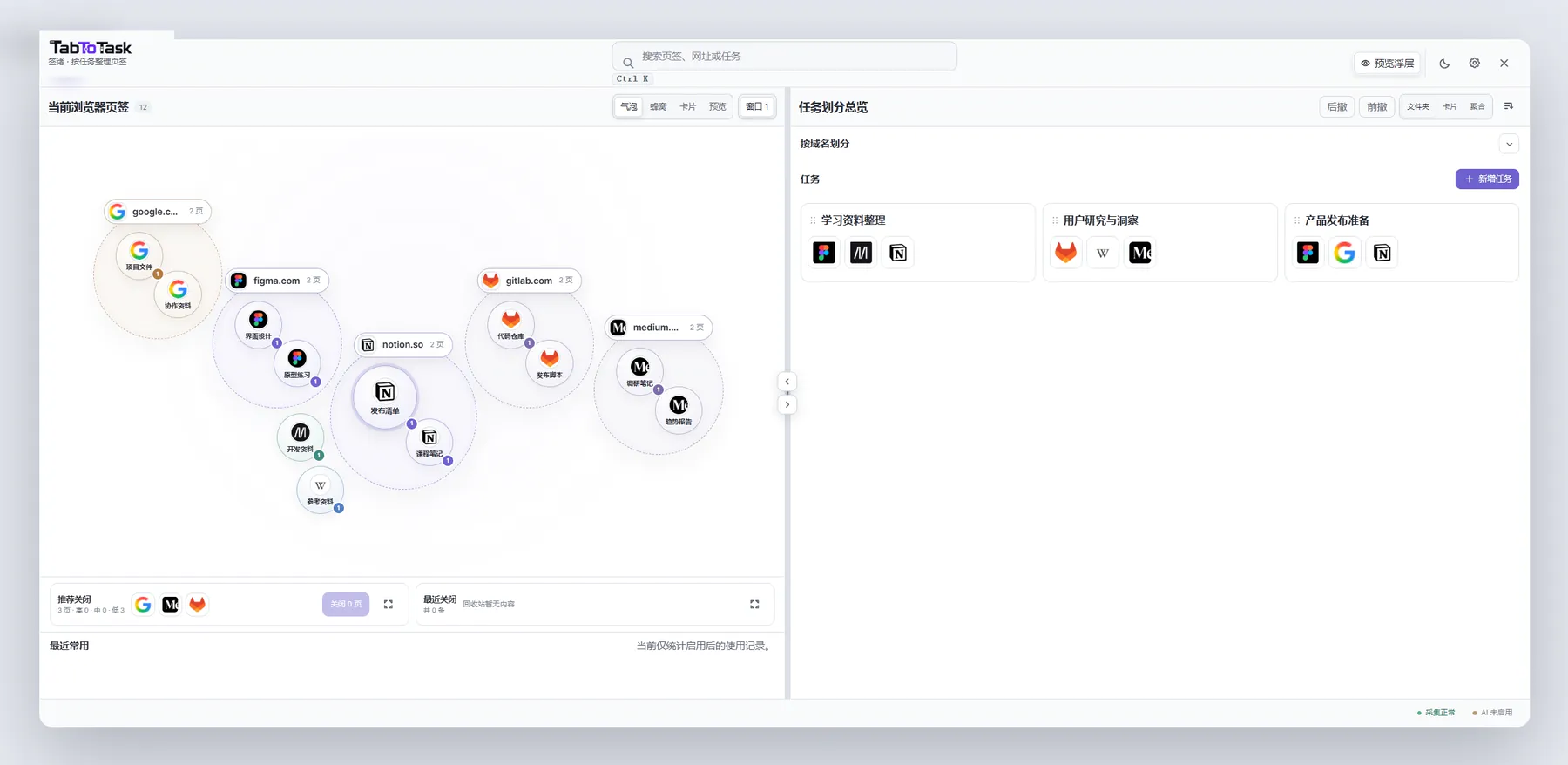 Browser tabs organized into task cards
